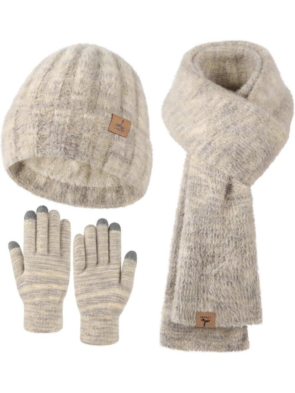 Women's Beige Mix Beanie Hat Gloves Cashmere Hat Gloves Scarf Accessories Set
